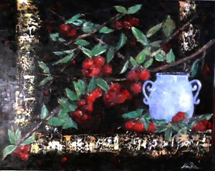 Painting titled "Cerises et jarre bl…" by Ana Maria Rodriguez (AnaRz), Original Artwork, Oil