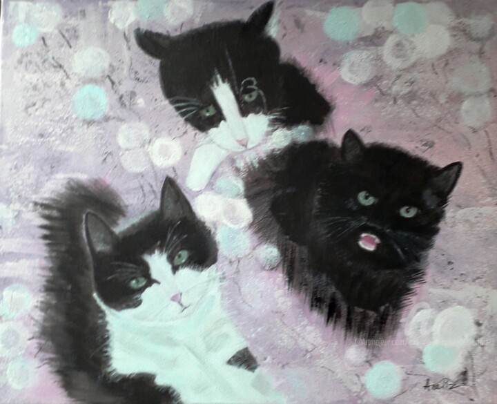 Painting titled "Les 3 chats" by Ana Maria Rodriguez (AnaRz), Original Artwork, Acrylic