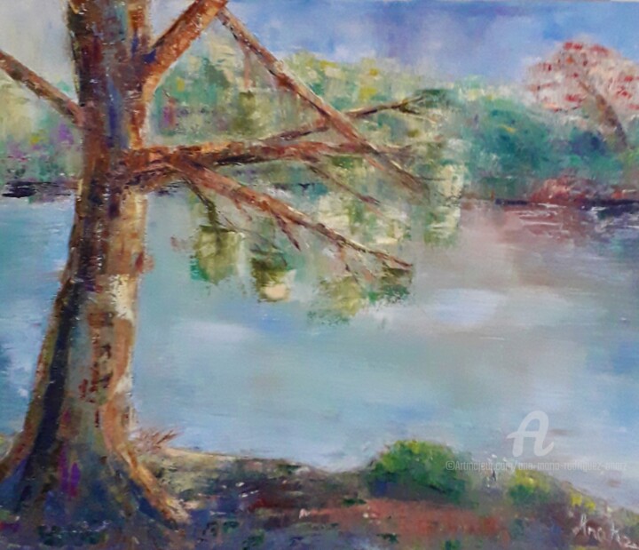 Painting titled "Sous l'arbre près d…" by Ana Maria Rodriguez (AnaRz), Original Artwork, Oil