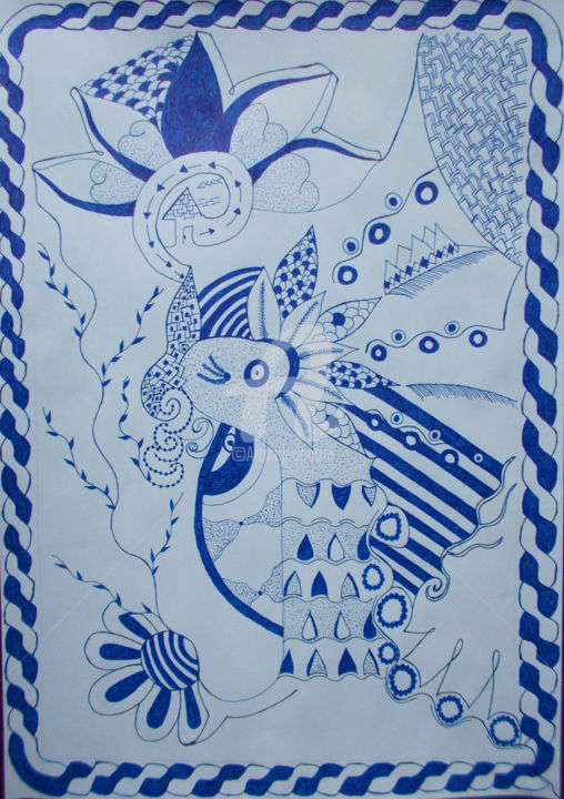 Drawing titled "The blues" by Ana Mishka, Original Artwork, Ballpoint pen