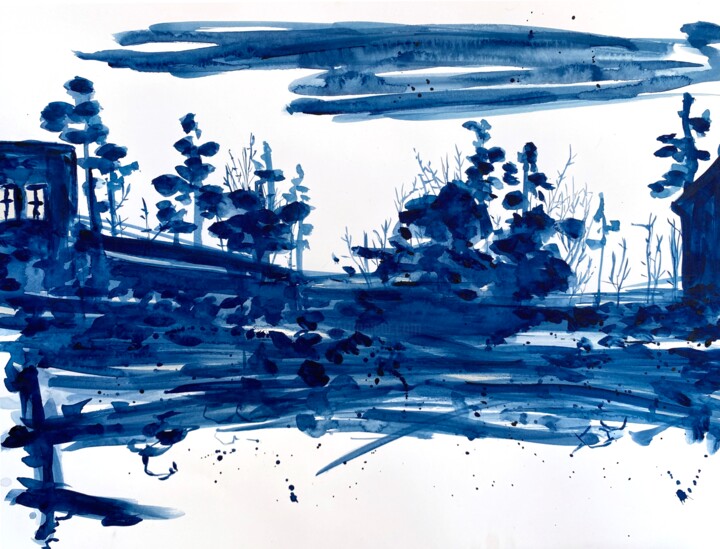 Pintura titulada "BLUE LANDSCAPE MINI…" por Ana Ozz, Obra de arte original, Acuarela