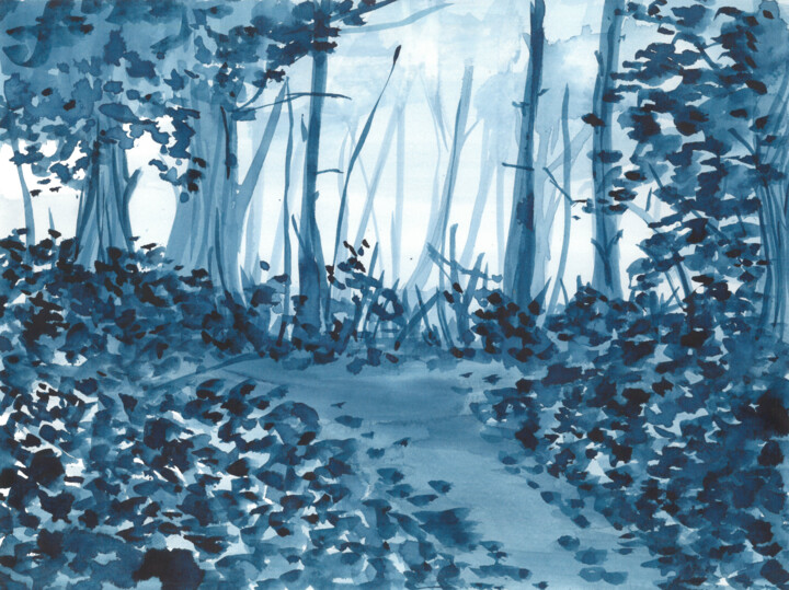 Pintura titulada "BLue mystic forest.…" por Ana Ozz, Obra de arte original, Acuarela