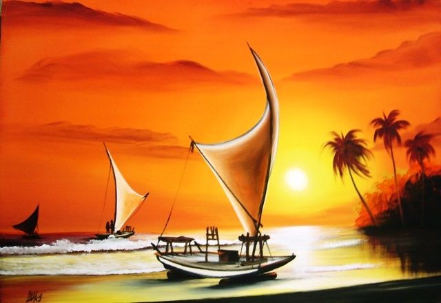 Pintura intitulada "por do sol no cumbu…" por Laurindo Joao Dos Santos Lauro, Obras de arte originais