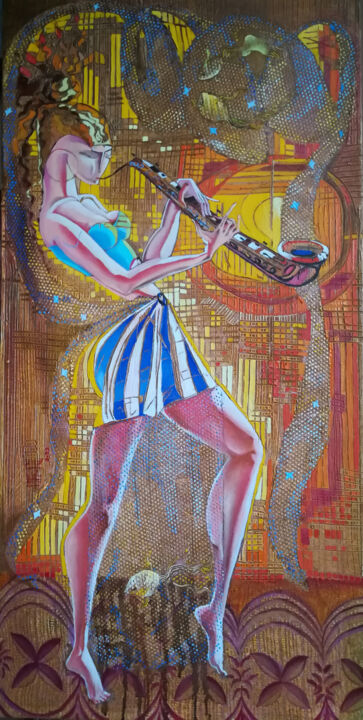 Картина под названием "Saxophonist (40x80c…" - Anahit Mirijanyan, Подлинное произведение искусства, Масло Установлен на Дере…