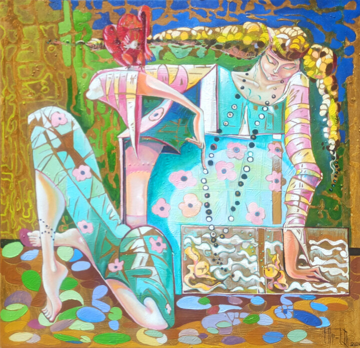 Картина под названием "The Dreaming Muse" - Anahit Mirijanyan, Подлинное произведение искусства, Масло Установлен на Деревян…