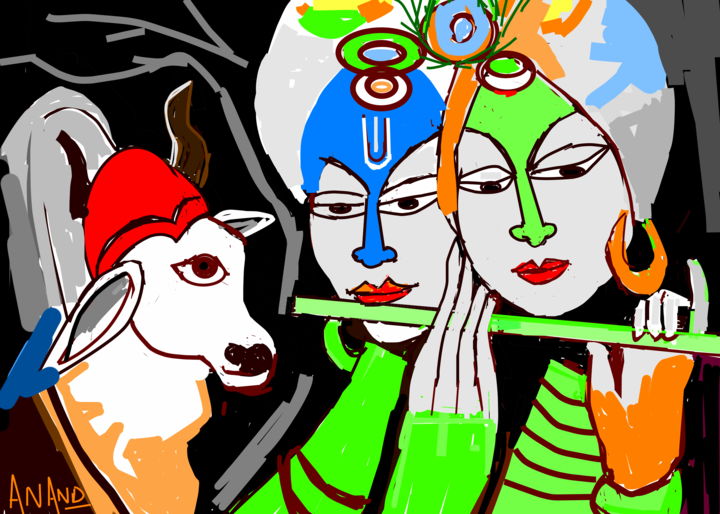 Digital Arts titled "krishna-radha-playi…" by Anandswaroop Manchiraju, Original Artwork, Digital Painting