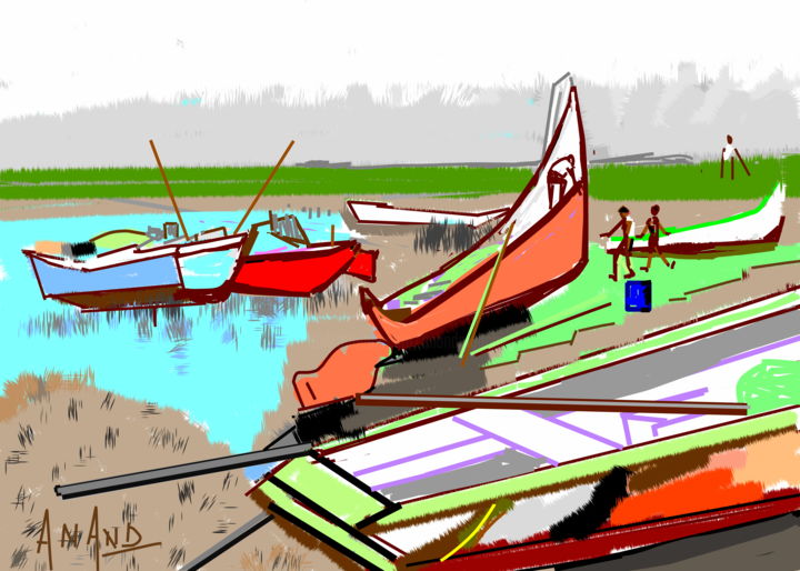 Digitale Kunst mit dem Titel "boats-b.jpeg" von Anandswaroop Manchiraju, Original-Kunstwerk, Digitale Malerei