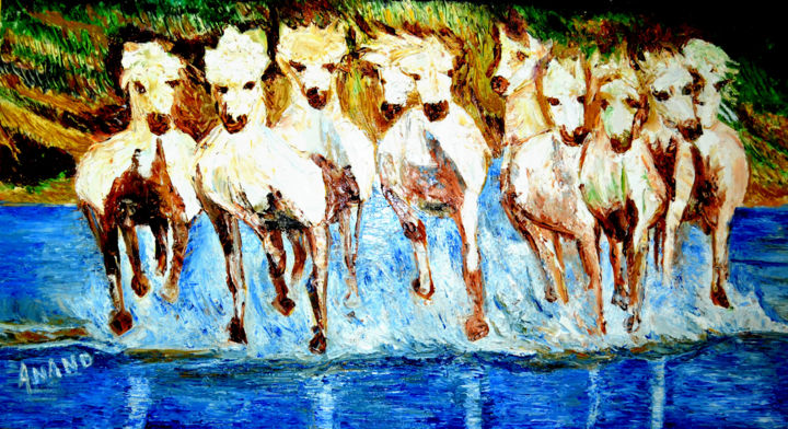 Painting titled "ROYAL HORSES" by Anandswaroop Manchiraju, Original Artwork, Oil