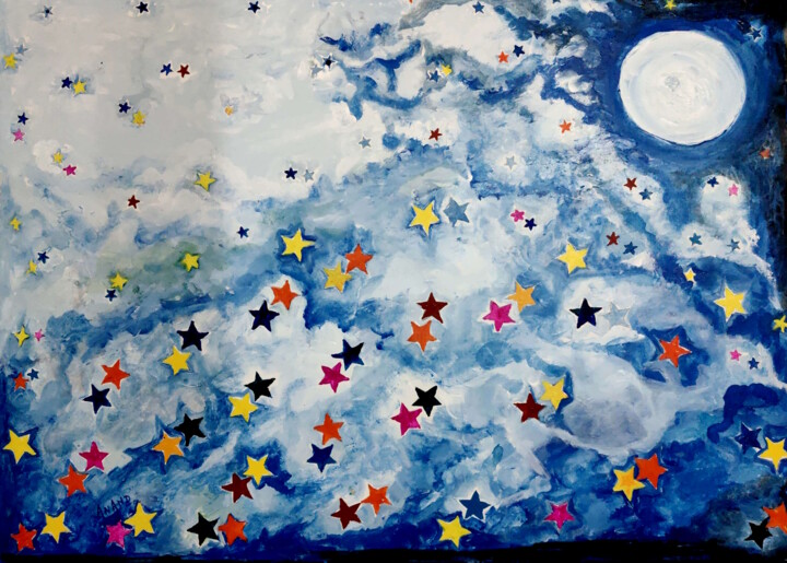 Painting titled "MOON AND STARS" by Anandswaroop Manchiraju, Original Artwork, Acrylic