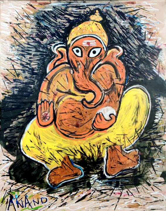 Картина под названием "CHILD GANESHA-7" - Anandswaroop Manchiraju, Подлинное произведение искусства, Чернила