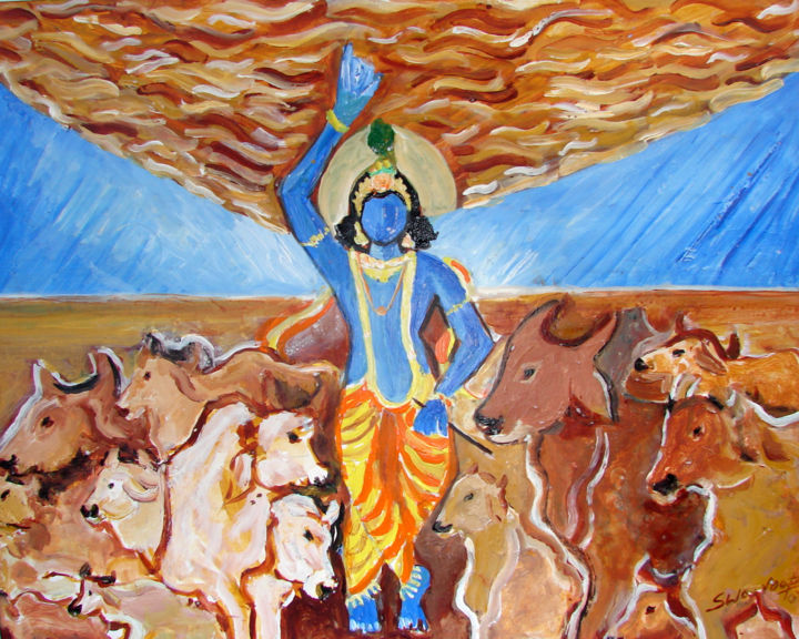 Painting titled "KRISHNA LIFTING GOV…" by Anandswaroop Manchiraju, Original Artwork, Oil