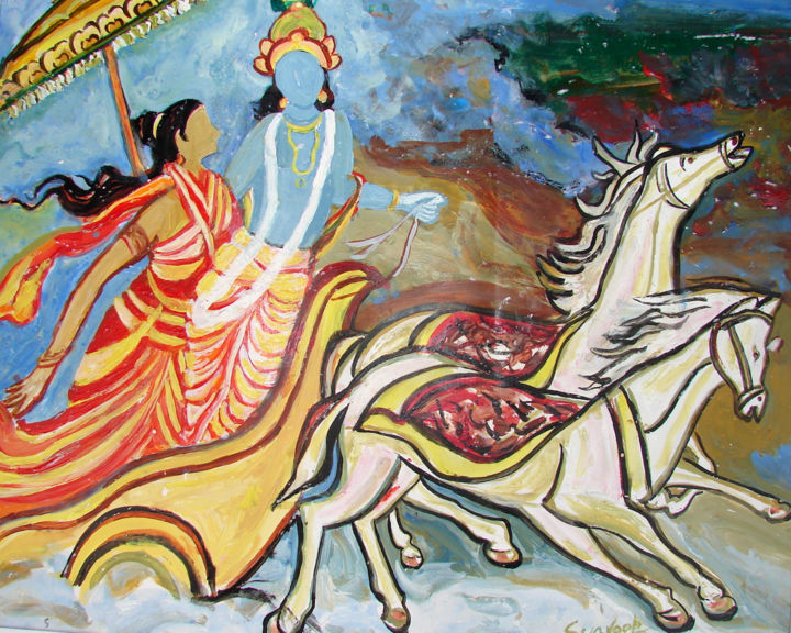 Painting titled "KRISHNA TAKING AWAY…" by Anandswaroop Manchiraju, Original Artwork, Oil