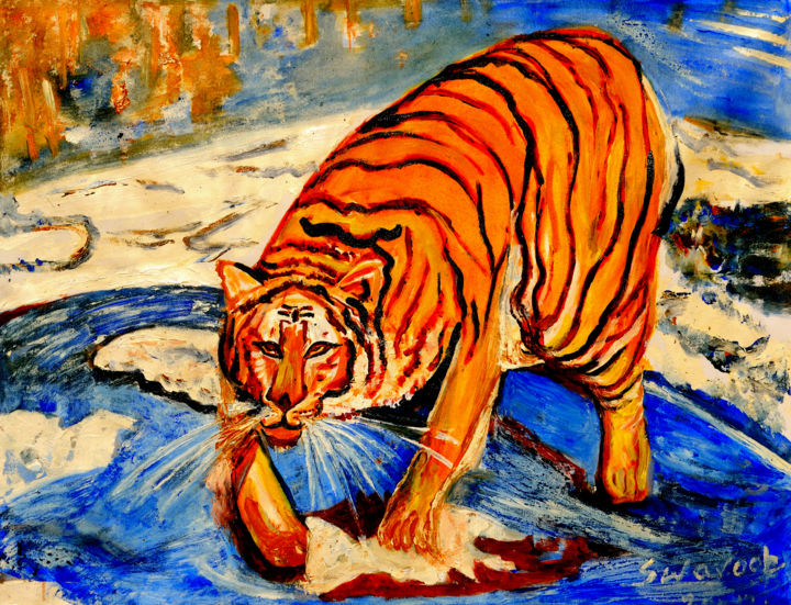 Schilderij getiteld "TIGER" door Anandswaroop Manchiraju, Origineel Kunstwerk, Acryl