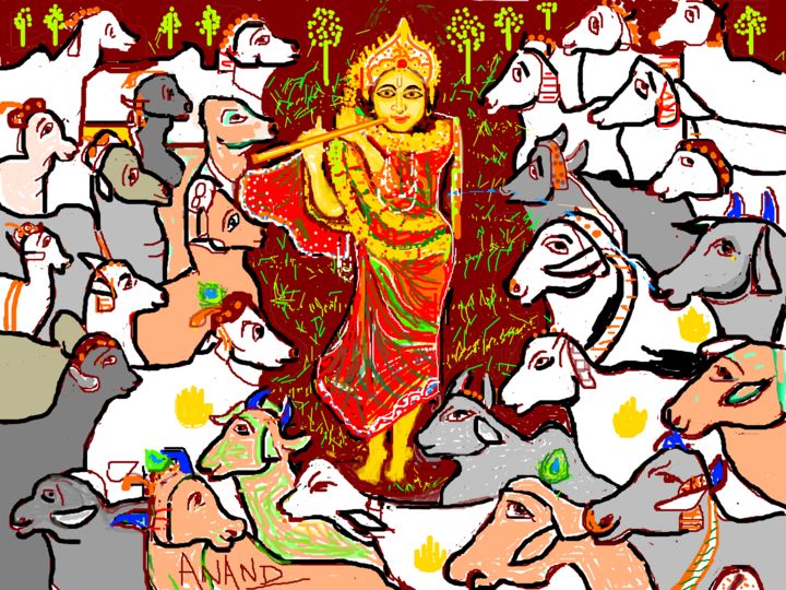Krishna And Cows, Digital Arts by Anandswaroop Manchiraju | Artmajeur