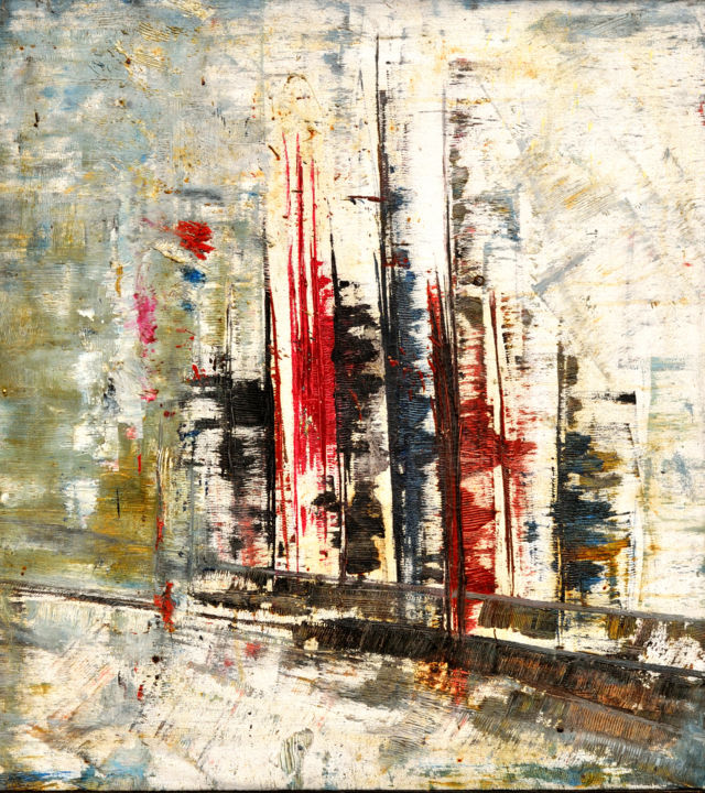 Painting titled "ABSTRACT CITYSCAPE" by Anandswaroop Manchiraju, Original Artwork, Oil