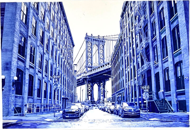 Drawing titled "Brooklyn bridge Nyc" by Ananou, Original Artwork, Ballpoint pen