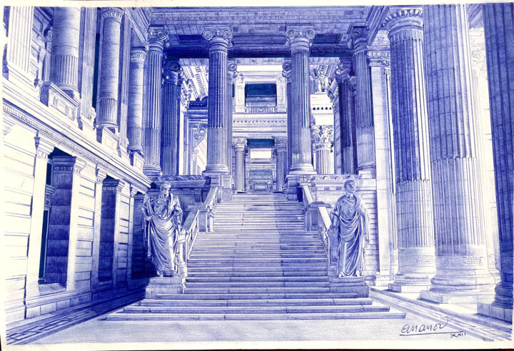 Drawing titled "Palais de Justice d…" by Ananou, Original Artwork, Ballpoint pen