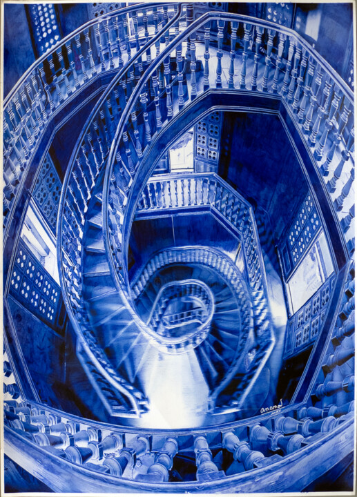 Dessin intitulée "Escalier le Tournis" par Ananou, Œuvre d'art originale, Stylo à bille