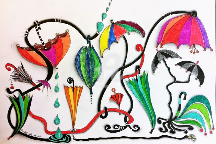 Disegno intitolato "NONSOLOPIOGGIA" da Ruth Kaeser, Opera d'arte originale, Matite colorate
