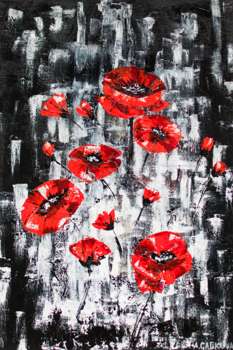 Ζωγραφική με τίτλο "Poppies on black" από Anastacia Gaikova, Αυθεντικά έργα τέχνης, Λάδι