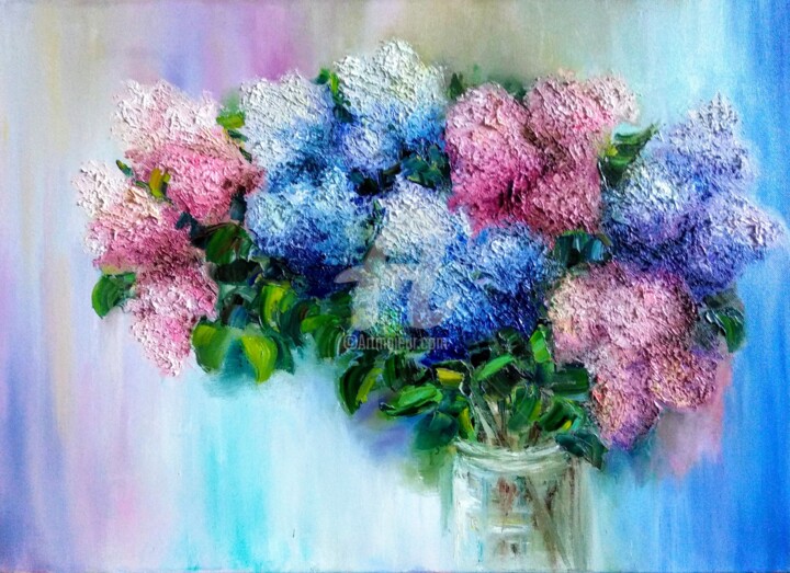 Картина под названием "Lilac bouquet "Firs…" - Anastasia Akunina, Подлинное произведение искусства, Масло