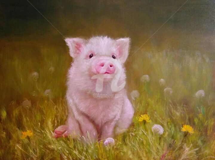 Malarstwo zatytułowany „BABY PIG OIL PAINTI…” autorstwa Anastasia Akunina, Oryginalna praca, Olej