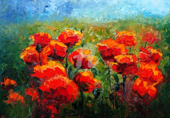 Schilderij getiteld "Red summer passion,…" door Anastasia Akunina, Origineel Kunstwerk, Olie