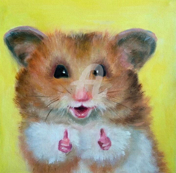 Painting titled "FUNNY MOUSE, SMILIN…" by Anastasia Akunina, Original Artwork, Oil
