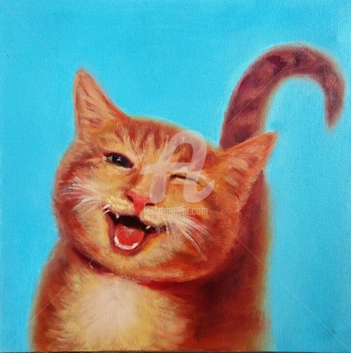 Schilderij getiteld "FUNNY CAT PAINTING" door Anastasia Akunina, Origineel Kunstwerk, Olie