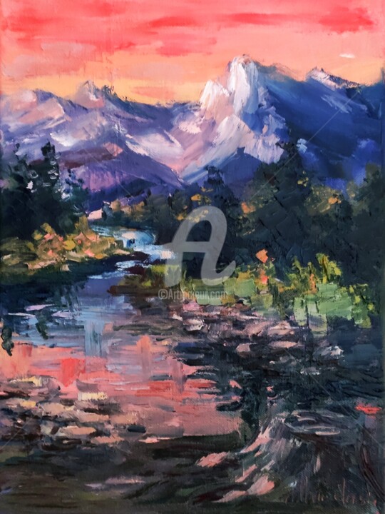 Painting titled "Mountain sunset" by Anastasia Akunina, Original Artwork, Oil