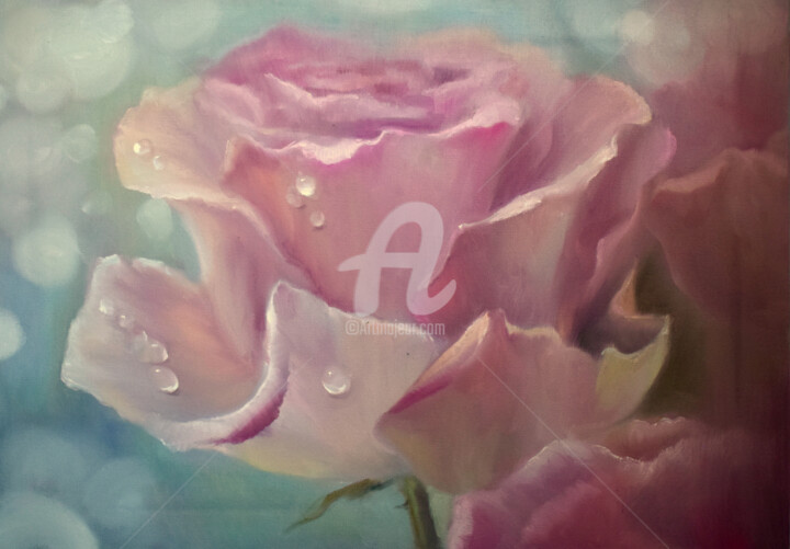 Painting titled "Single pink rose, o…" by Anastasia Akunina, Original Artwork, Oil