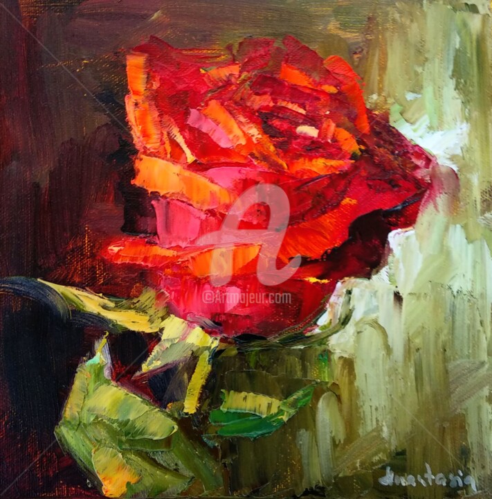 Painting titled "Single Red Rose Flo…" by Anastasia Akunina, Original Artwork, Oil Mounted on Cardboard