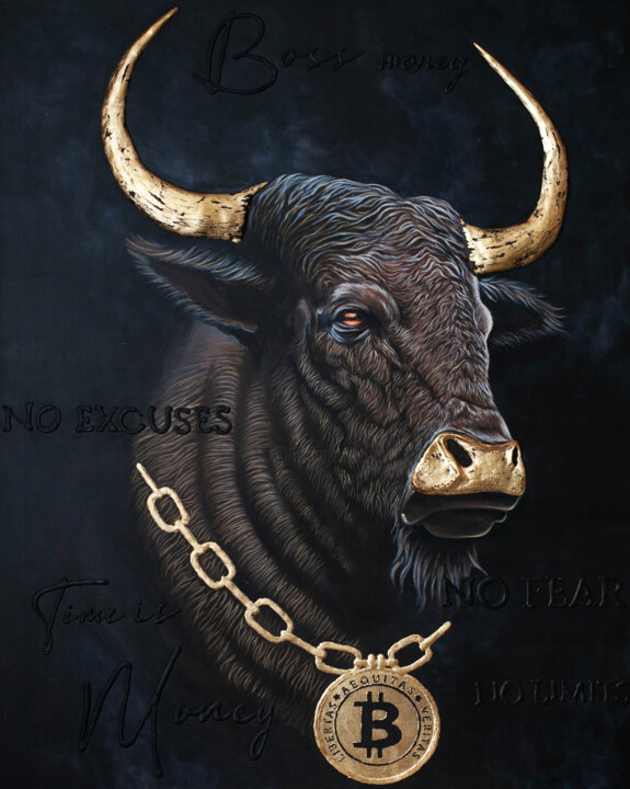 Pittura intitolato "bull with Bitcoin" da Anastasia But, Opera d'arte originale, Acrilico