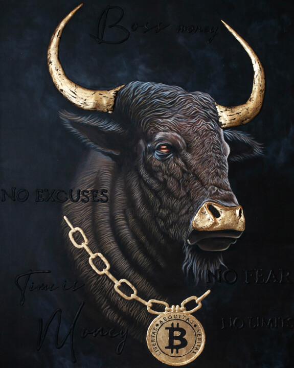 Peinture intitulée "bull with Bitcoin" par Anastasia But, Œuvre d'art originale, Acrylique