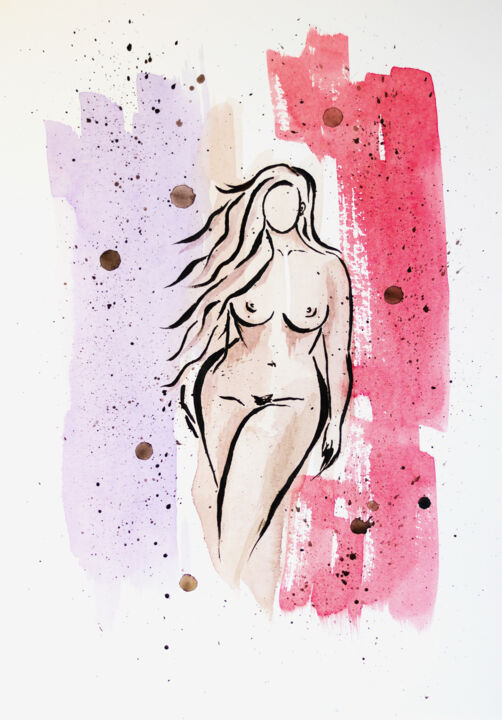 Painting titled "Nude women" by Anastasia Galchuka, Original Artwork, Watercolor