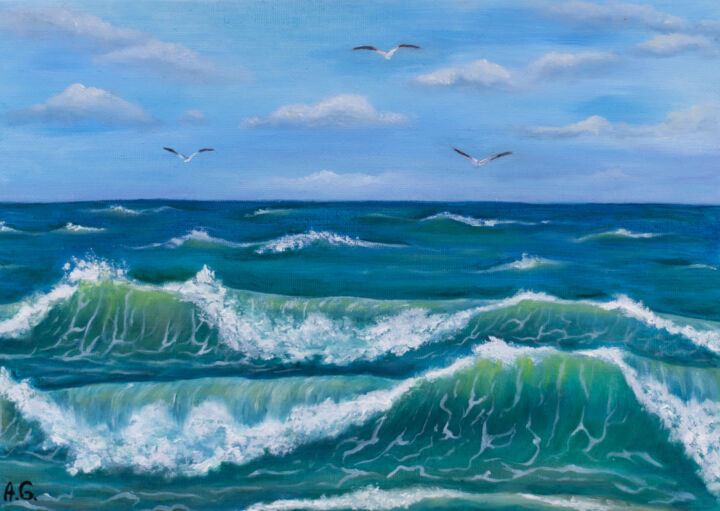 Painting titled "Storm at sea" by Anastasia Galchuka, Original Artwork, Oil