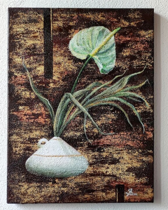 Painting titled "Ikebana with anthur…" by Anastasia Kirs, Original Artwork, Acrylic Mounted on Wood Stretcher frame