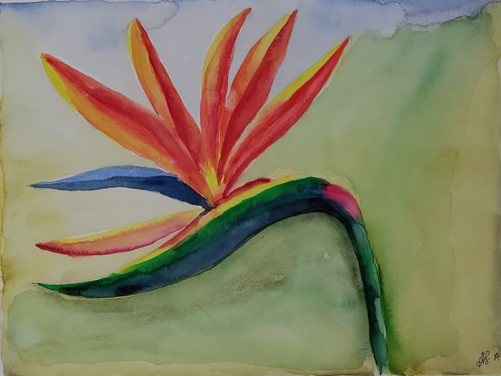 Malerei mit dem Titel "Paradiesvogelblume,…" von Anastasia_art, Original-Kunstwerk, Aquarell