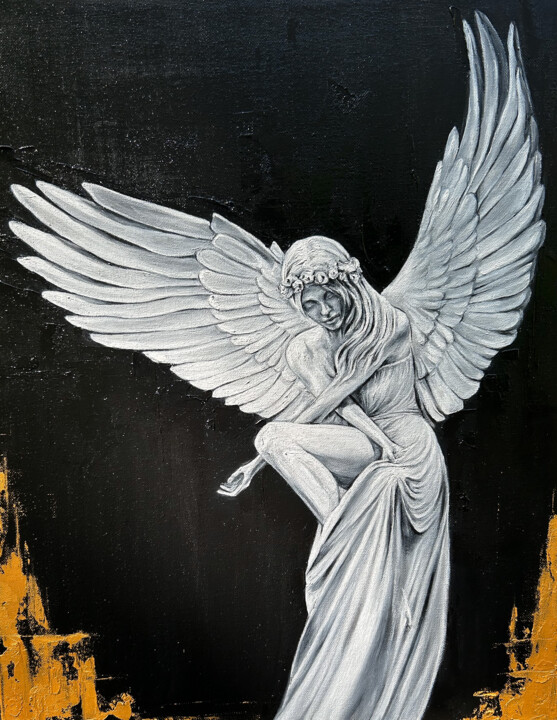 Painting titled "Angel" by Anastasiia Iurzinova, Original Artwork, Oil Mounted on Wood Stretcher frame
