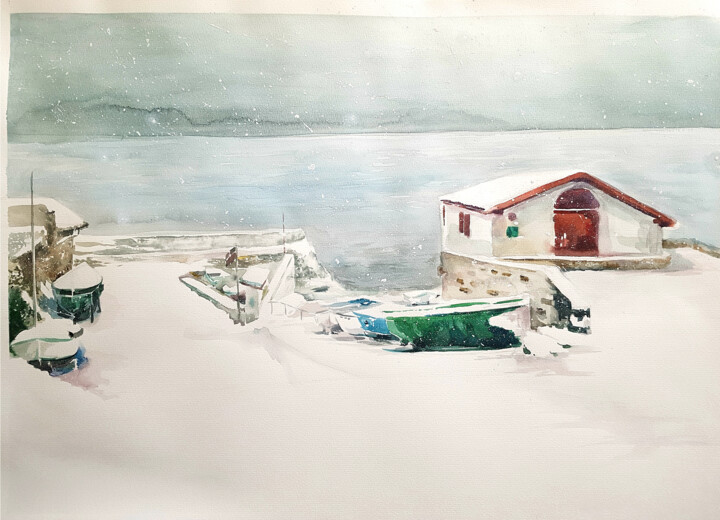 Pintura titulada "snow in the sea" por Anastasia Weishaupt, Obra de arte original, Acuarela