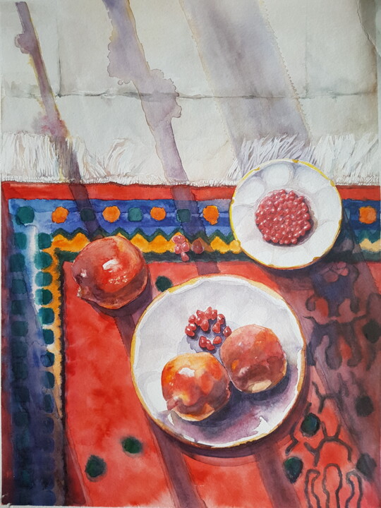 Картина под названием "Granatapfel auf dem…" - Anastasia Weishaupt, Подлинное произведение искусства, Акварель