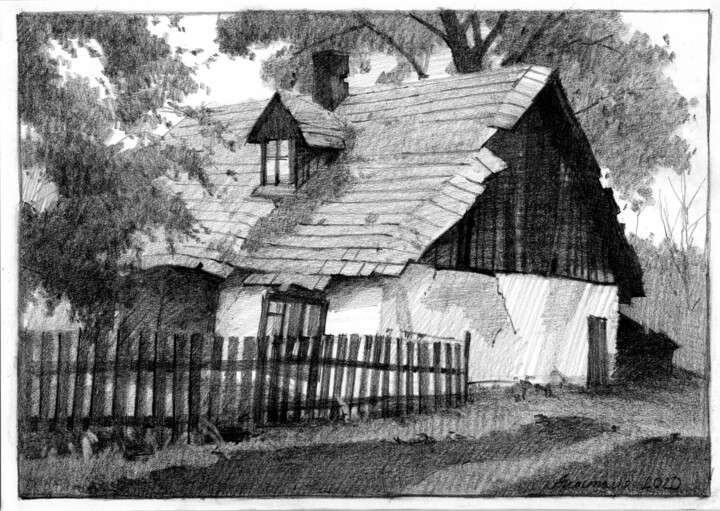 Drawing titled "Старый дом в Сколе" by Anastasia Yarosevitch, Original Artwork, Pencil