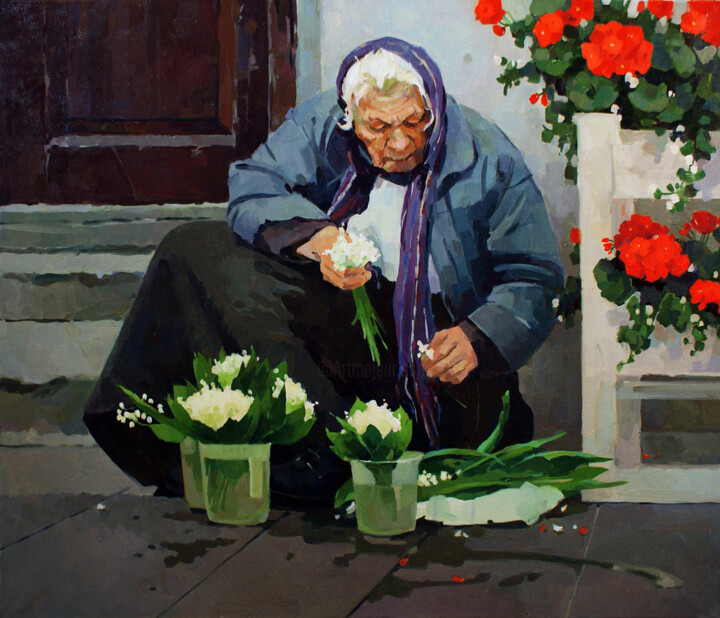 Painting titled "Львовская цветочница" by Anastasia Yarosevitch, Original Artwork, Oil Mounted on Wood Stretcher frame