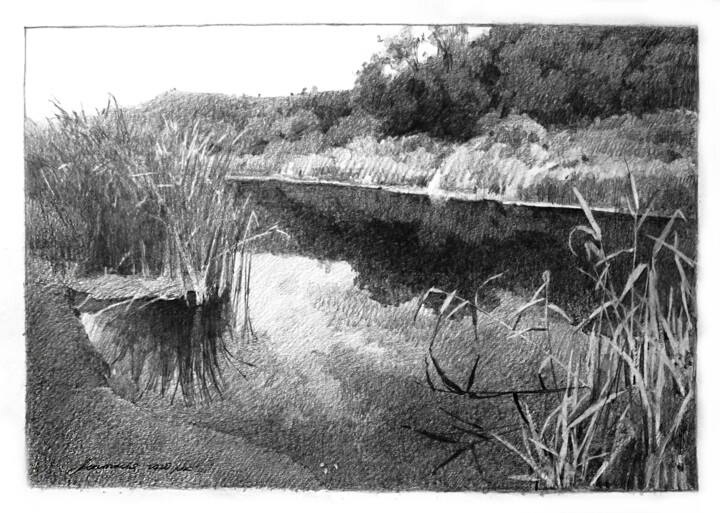 Рисунок под названием "Речной пейзаж" - Анастасия Ярошевич, Подлинное произведение искусства, Карандаш