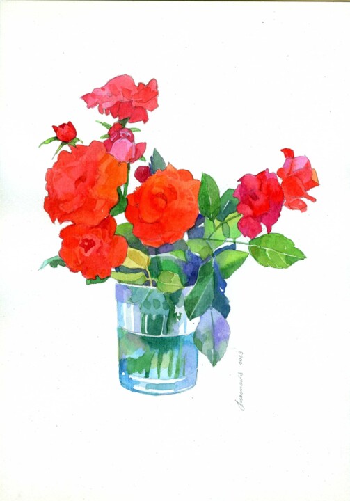 Картина под названием "Красные розы" - Анастасия Ярошевич, Подлинное произведение искусства, Акварель