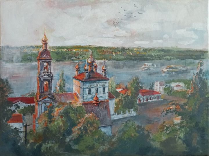Pintura intitulada ""Вид на Волгу"" por Anastasiia Cherkasskaia, Obras de arte originais, Acrílico