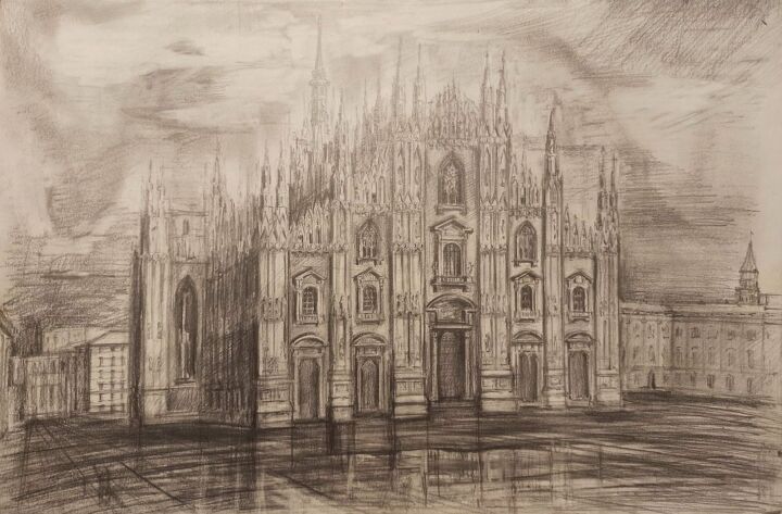 Painting titled ""Milan cathedral"" by Anastasiia Cherkasskaia, Original Artwork, Pencil