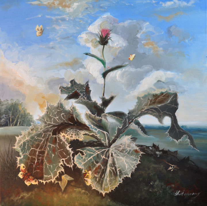 Painting titled "THISTLE" by Anastasia Terskih, Original Art, Oil Mounted on Cardboard