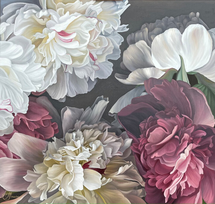 Pintura intitulada "World of peonies" por Anastasiia Alekhina, Obras de arte originais, Óleo Montado em artwork_cat.