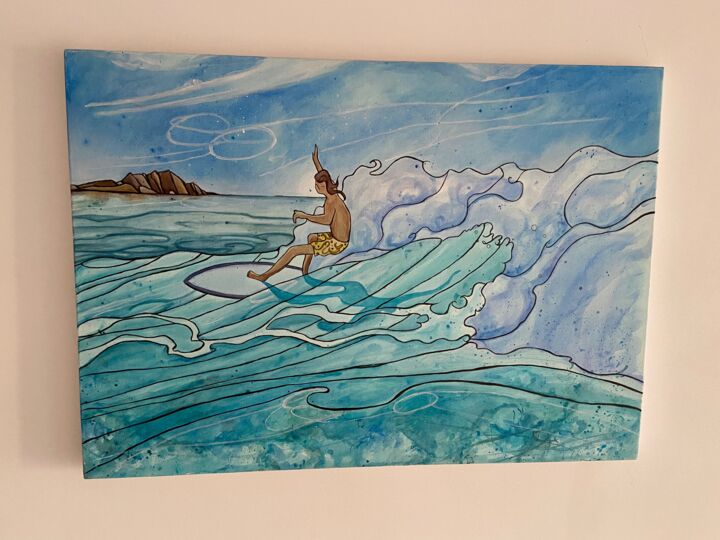 Painting titled "Surfing" by Anastasiia Che, Original Artwork, Watercolor